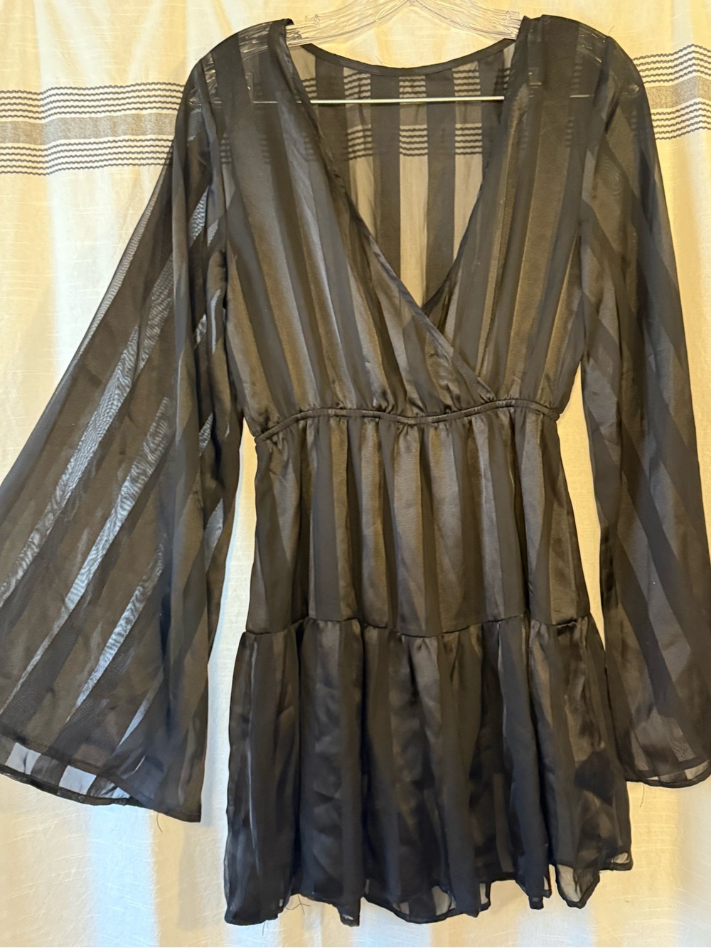 Black Sheer Stripe Long Sleeve V-Neck Tunic